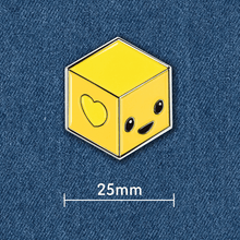 Load image into Gallery viewer, Block Happy signature enamel pin on denim