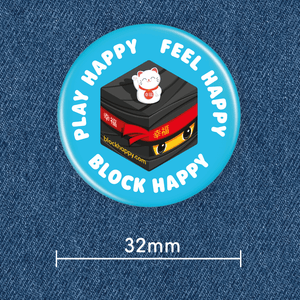 Block Happy button badge on denim